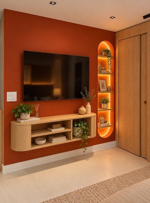 Sala de TV com parede terracota e nicho iluminado