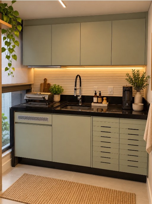 Bancada da cozinha com cuba e marcenaria verde-sálvia