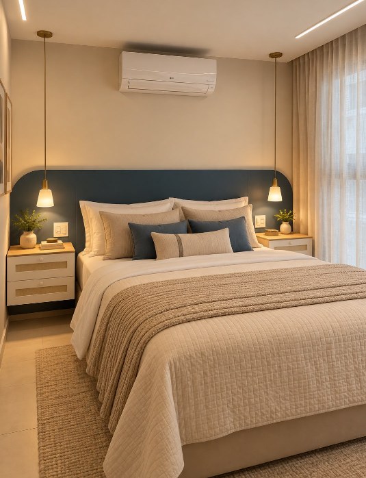Quarto com cabeceira azul e pendentes