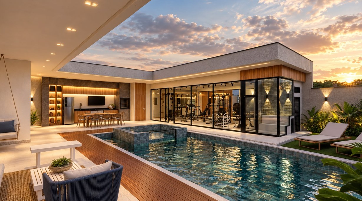 Área da piscina com deck e fachada envidraçada ao pôr do sol