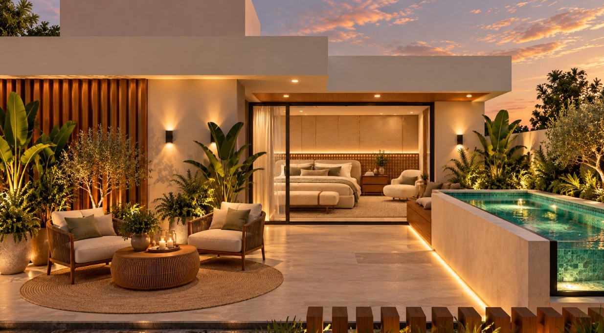 Lounge externo com vegetação e piscina com borda iluminada