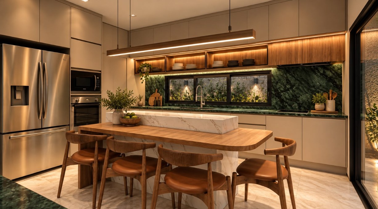 Cozinha com ilha, mesa em madeira e iluminação linear
