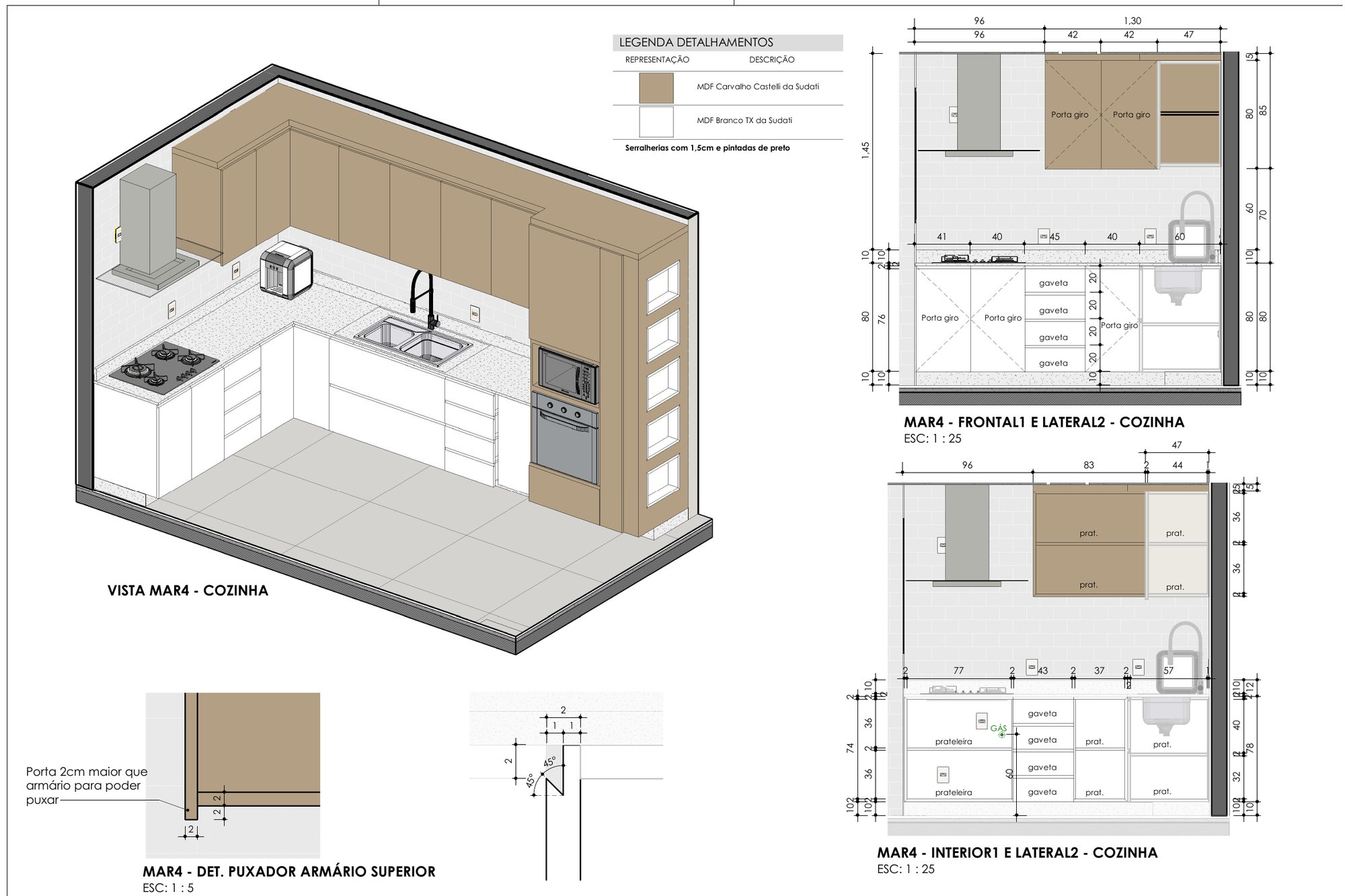 Prancha de detalhamento de marcenaria da cozinha: perspectiva, vistas frontal e interna cotadas e detalhes de puxador