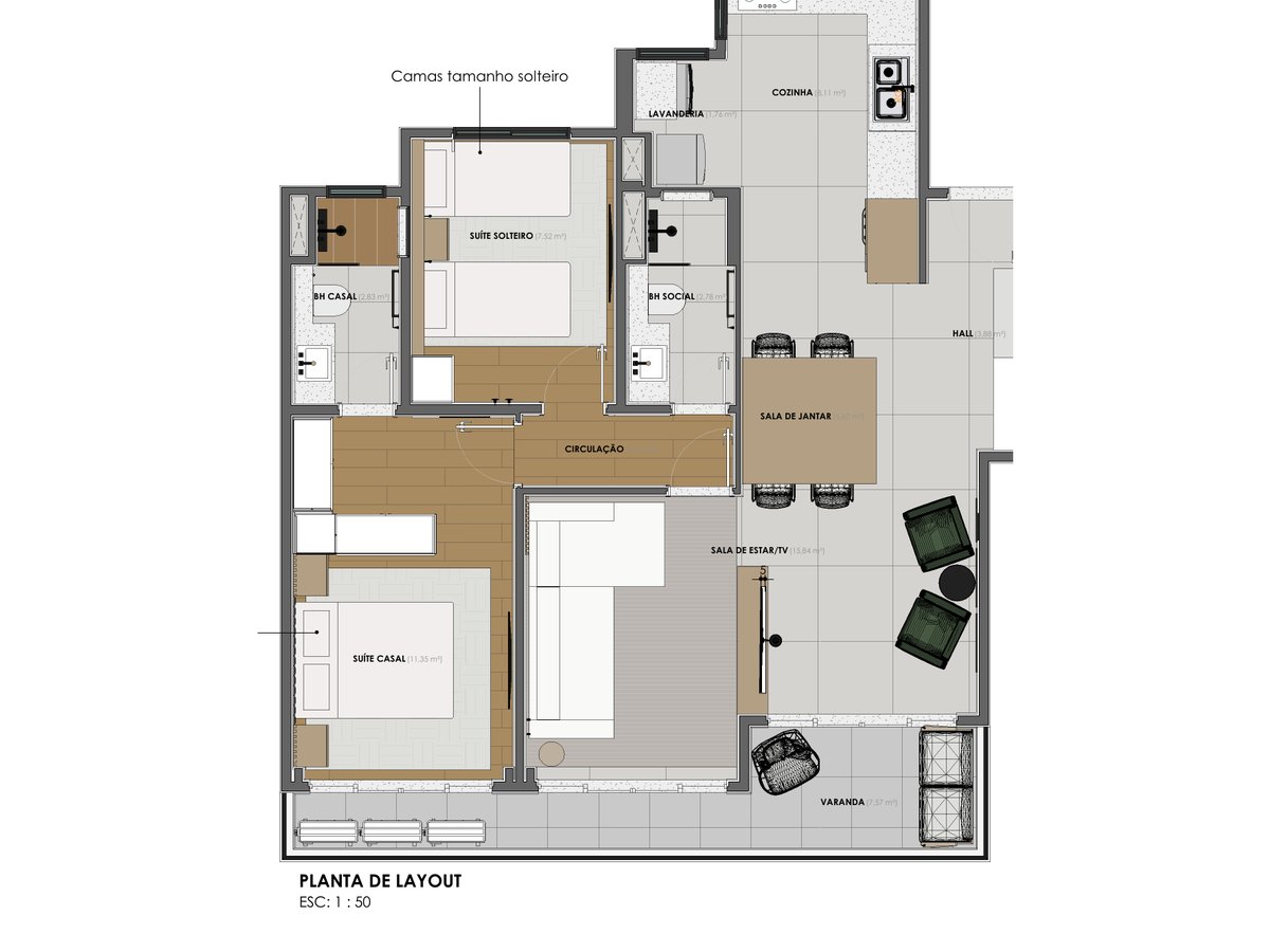 Planta de layout do apartamento com mobiliário