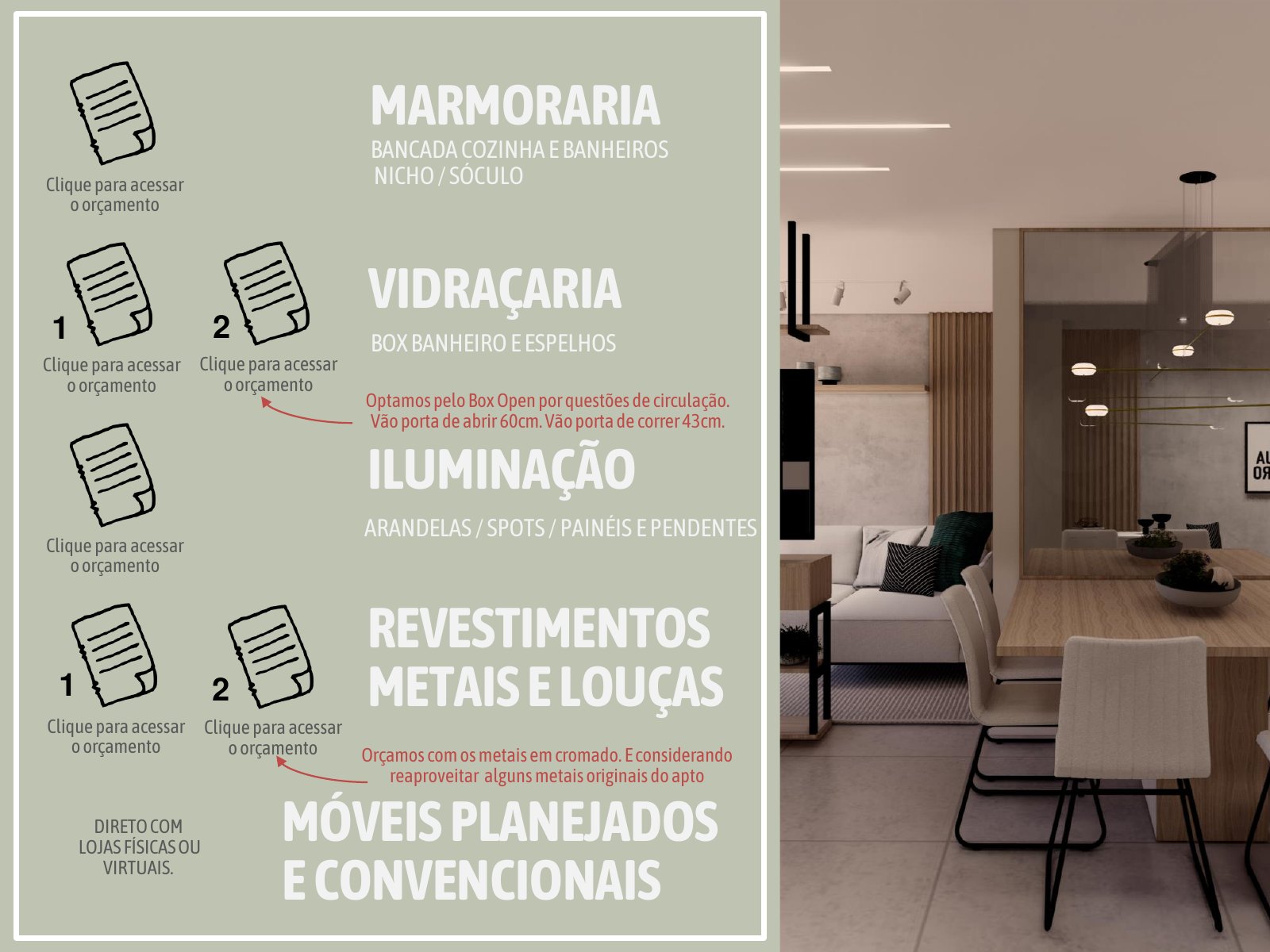 Página do orçamento com as categorias e links para cada cotação